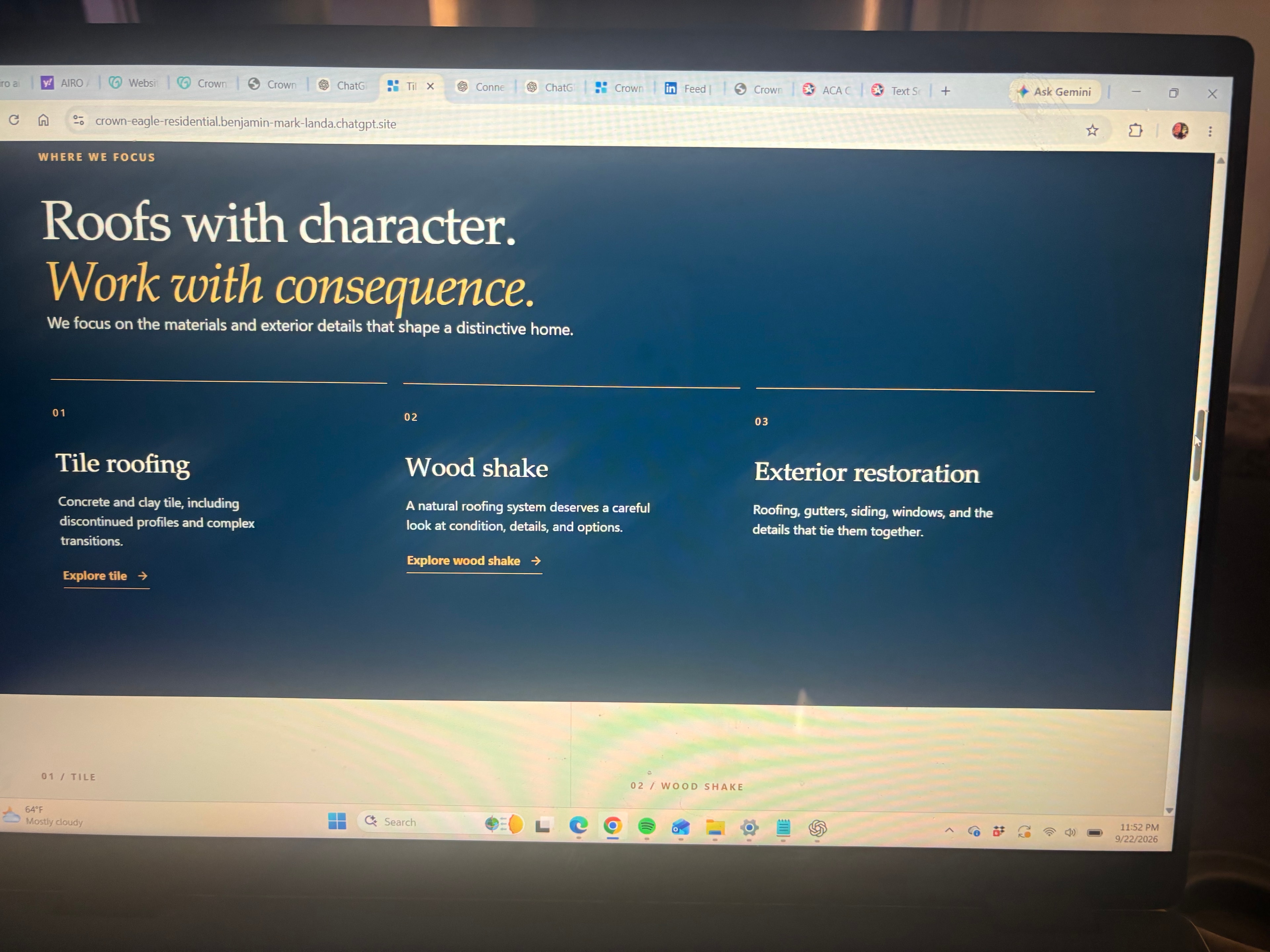 Crown Eagle roofing company homepage on laptop
