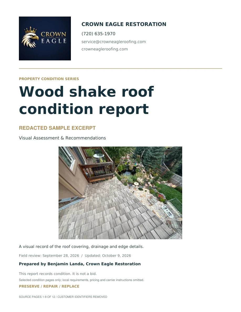 Cover of a redacted wood-shake condition report covering roof details, moss and drainage.